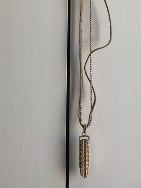 Boho Gold Long Pendant Necklace Rhinestone Textured Bar